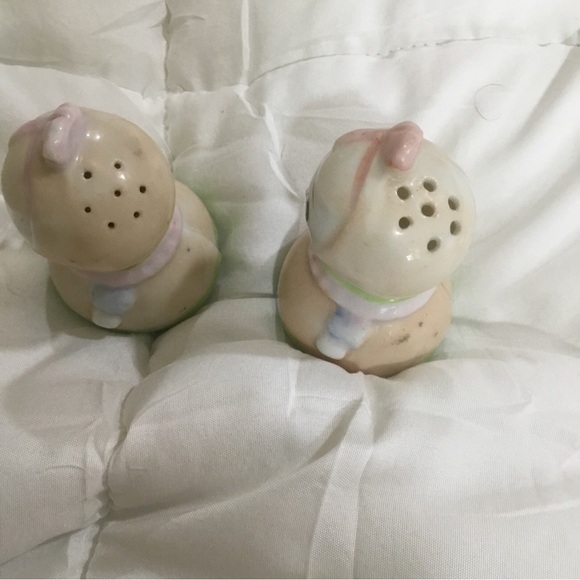 Roly Poly Heart Mouth Green Pink Girls Bows Salt Pepper Shakers Corks Japan VTG - Picture 7 of 8